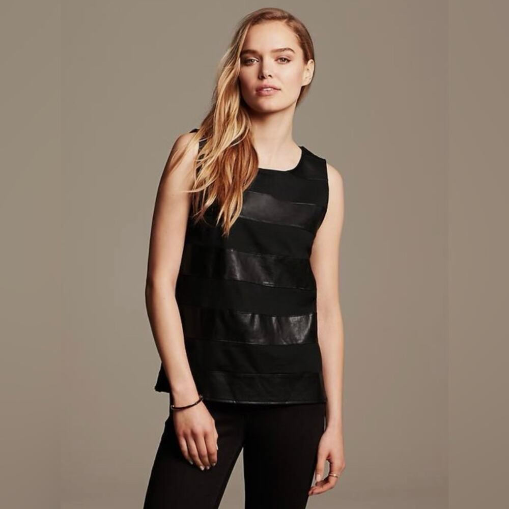 Faux-Leather Stripe Black Ponte Top (New Without Tags)- Women's Size M